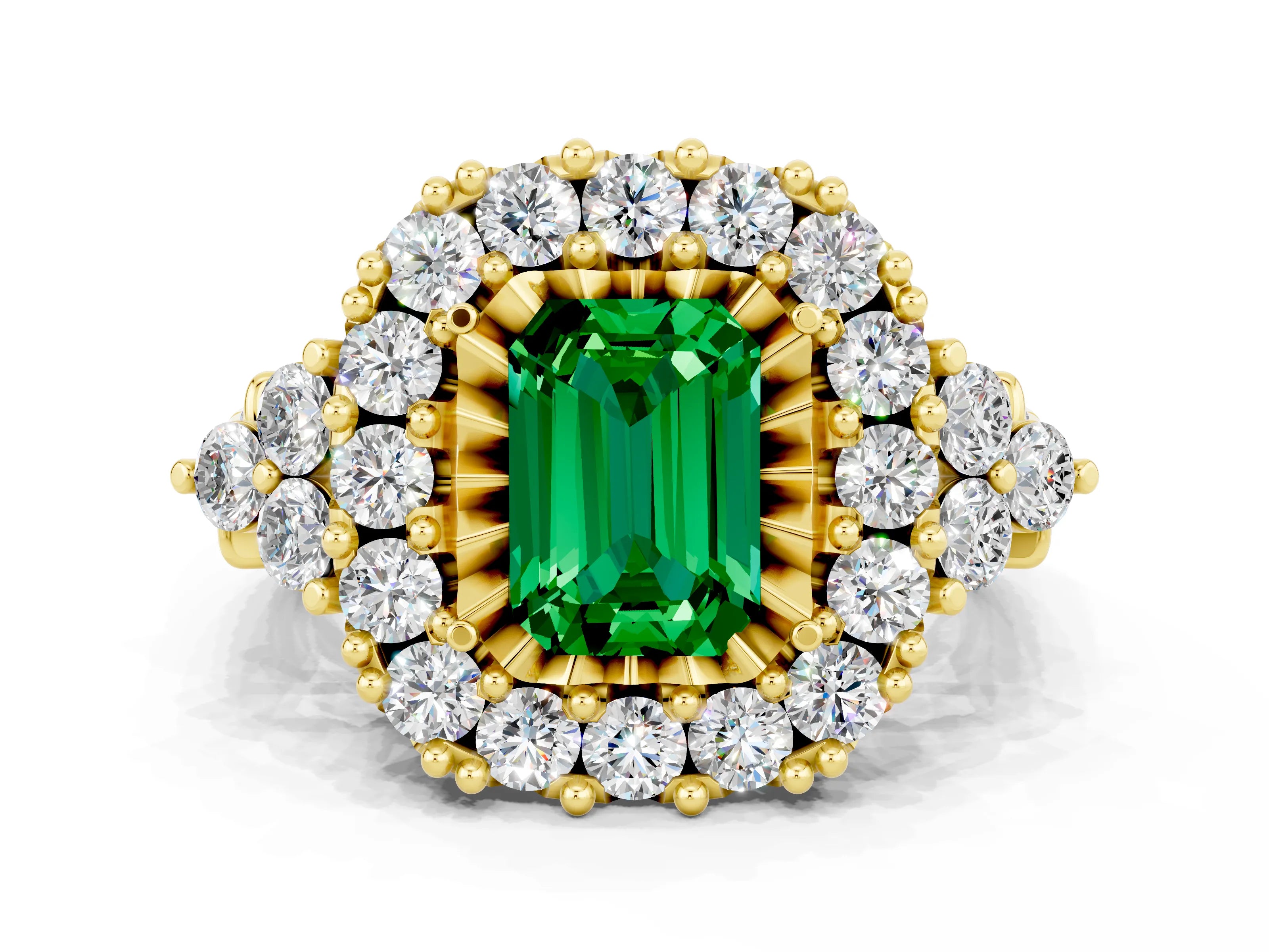 Yellow gold Emerald Cut Emerald Halo Ring with Pavé Band and Four-Prong Setting_12