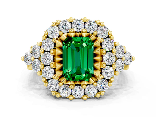 Yellow gold Emerald Cut Emerald Halo Ring with Pavé Band and Four-Prong Setting