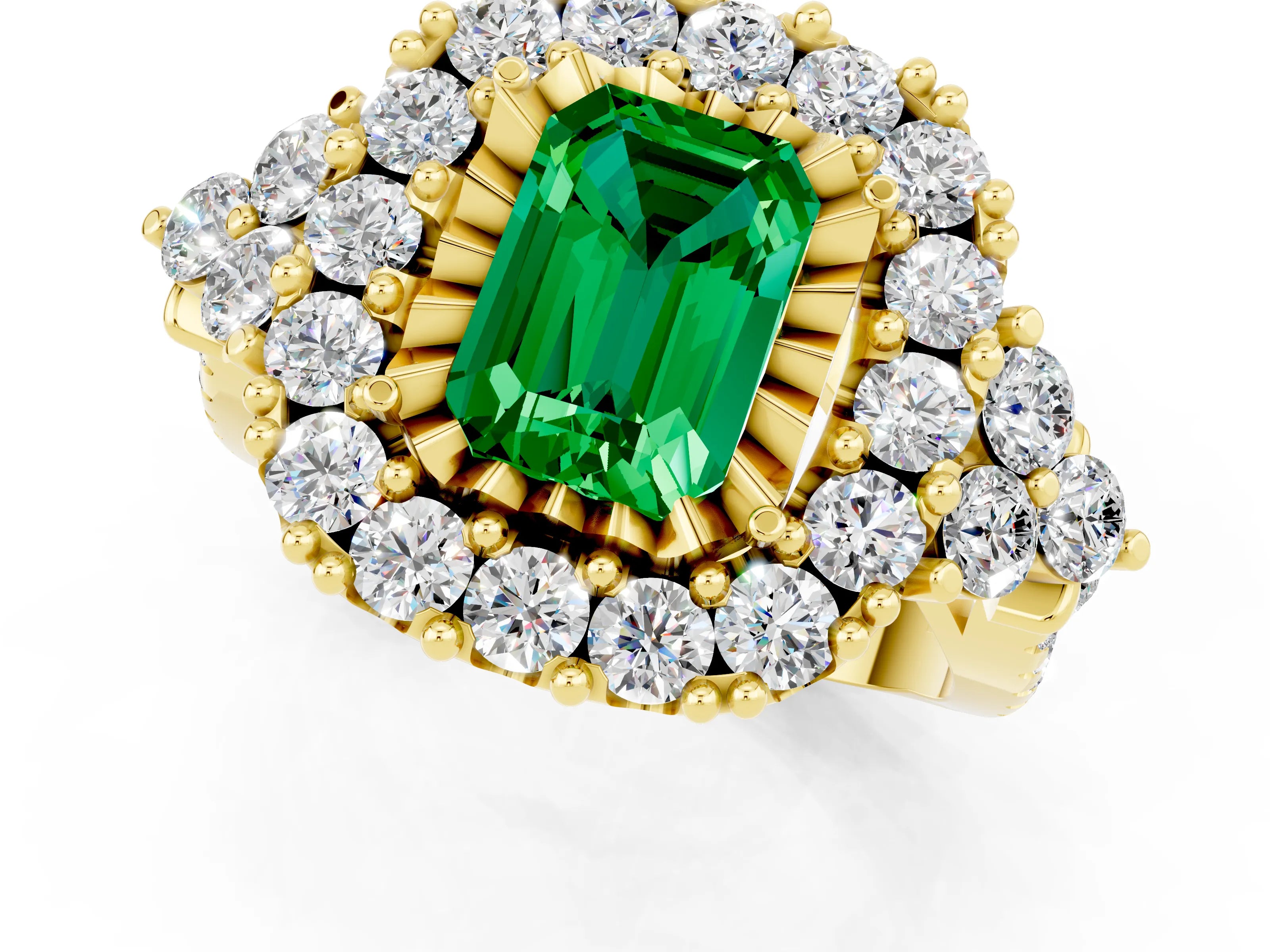 Yellow gold Emerald Cut Emerald Halo Ring with Pavé Band and Four-Prong Setting_13