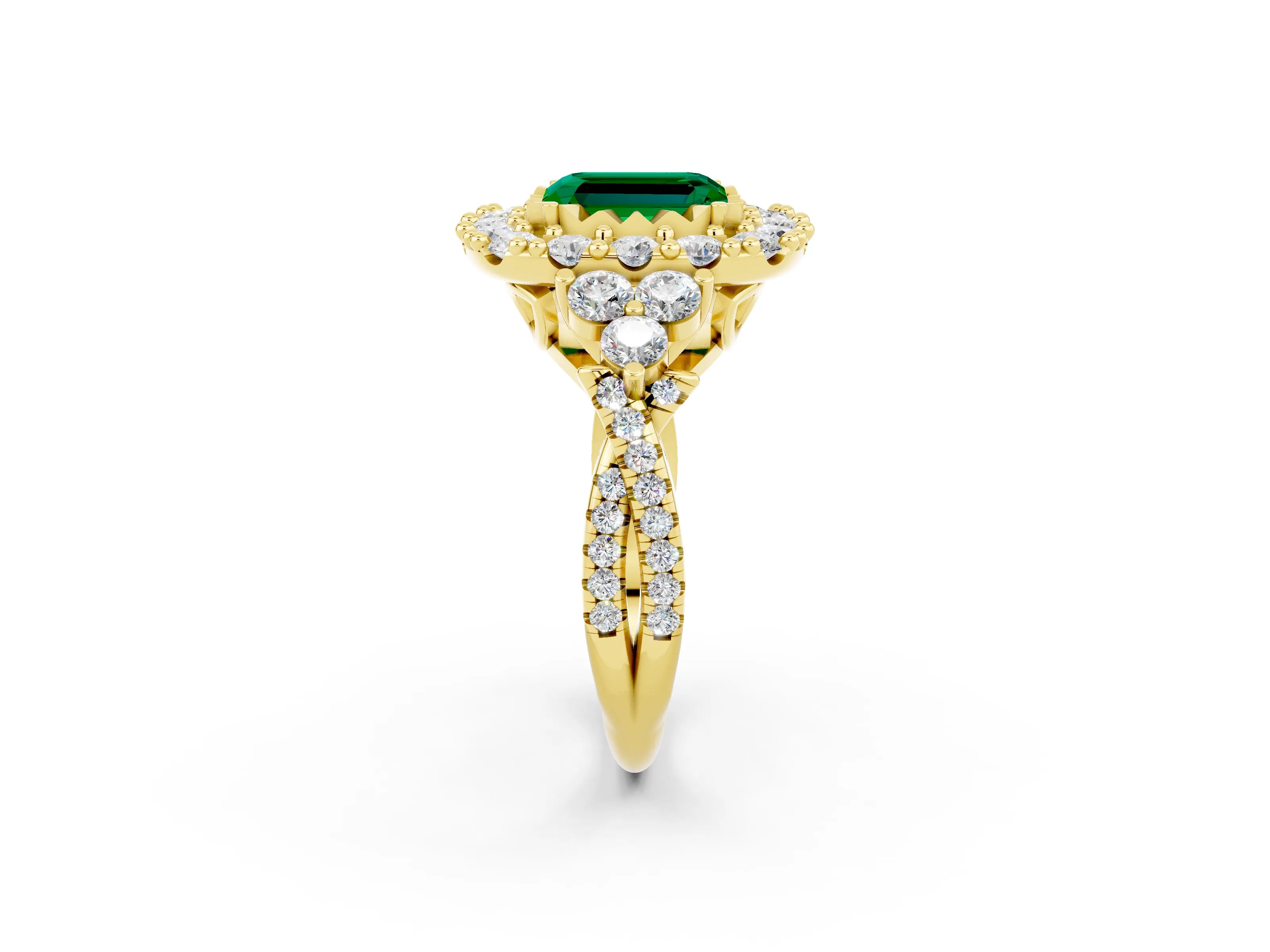 Yellow gold Emerald Cut Emerald Halo Ring with Pavé Band and Four-Prong Setting_14