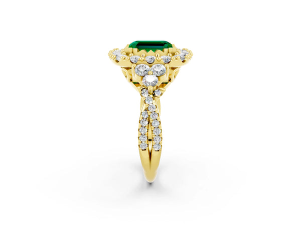 Yellow gold Emerald Cut Emerald Halo Ring with Pavé Band and Four-Prong Setting