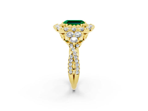Yellow gold Emerald Cut Emerald Halo Ring with Pavé Band and Four-Prong Setting_14