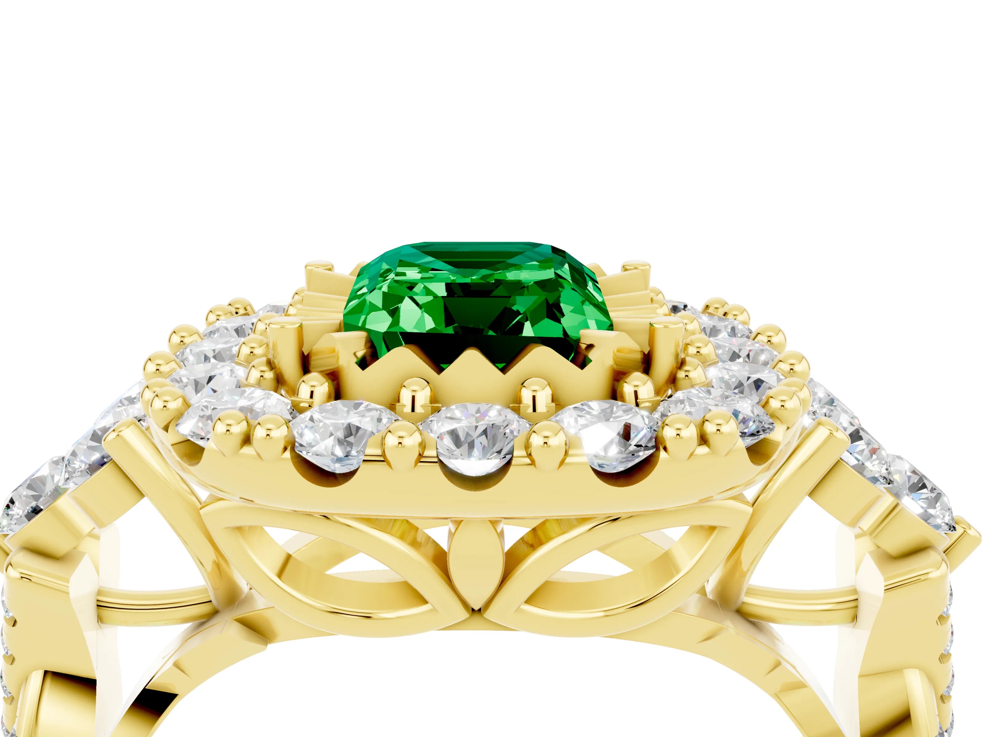 Yellow gold Emerald Cut Emerald Halo Ring with Pavé Band and Four-Prong Setting_16