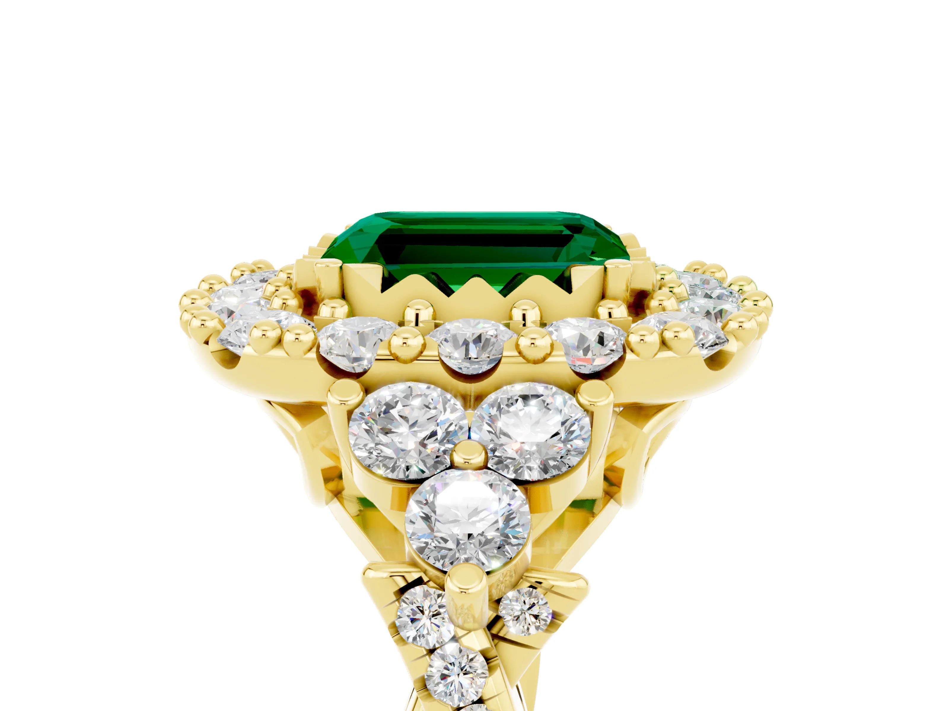 Yellow gold Emerald Cut Emerald Halo Ring with Pavé Band and Four-Prong Setting_17
