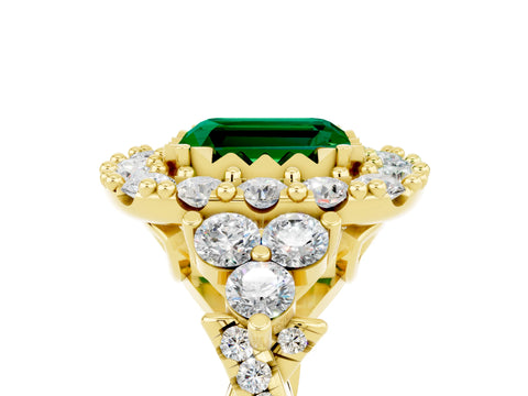 Yellow gold Emerald Cut Emerald Halo Ring with Pavé Band and Four-Prong Setting_17