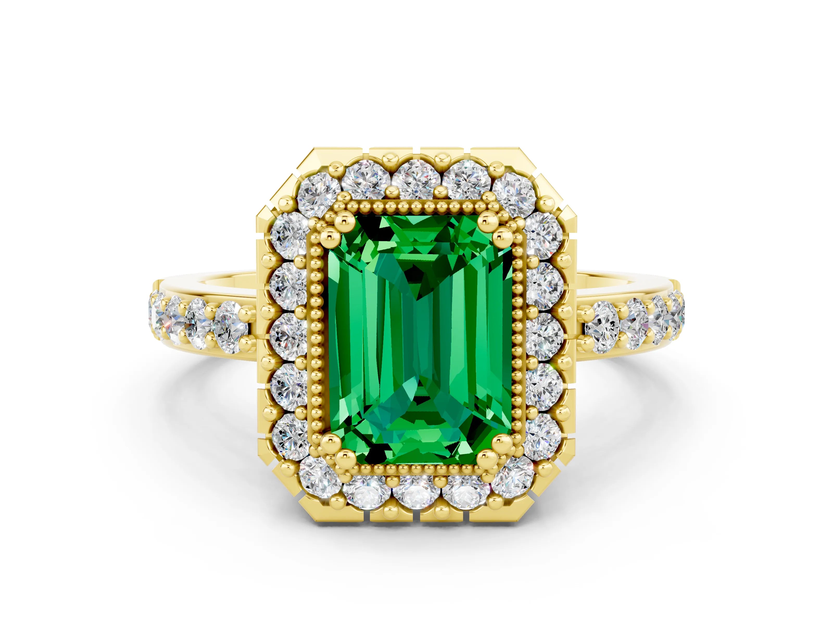 Yellow gold Emerald Cut Emerald Halo Ring with Pavé Band and Prong Setting