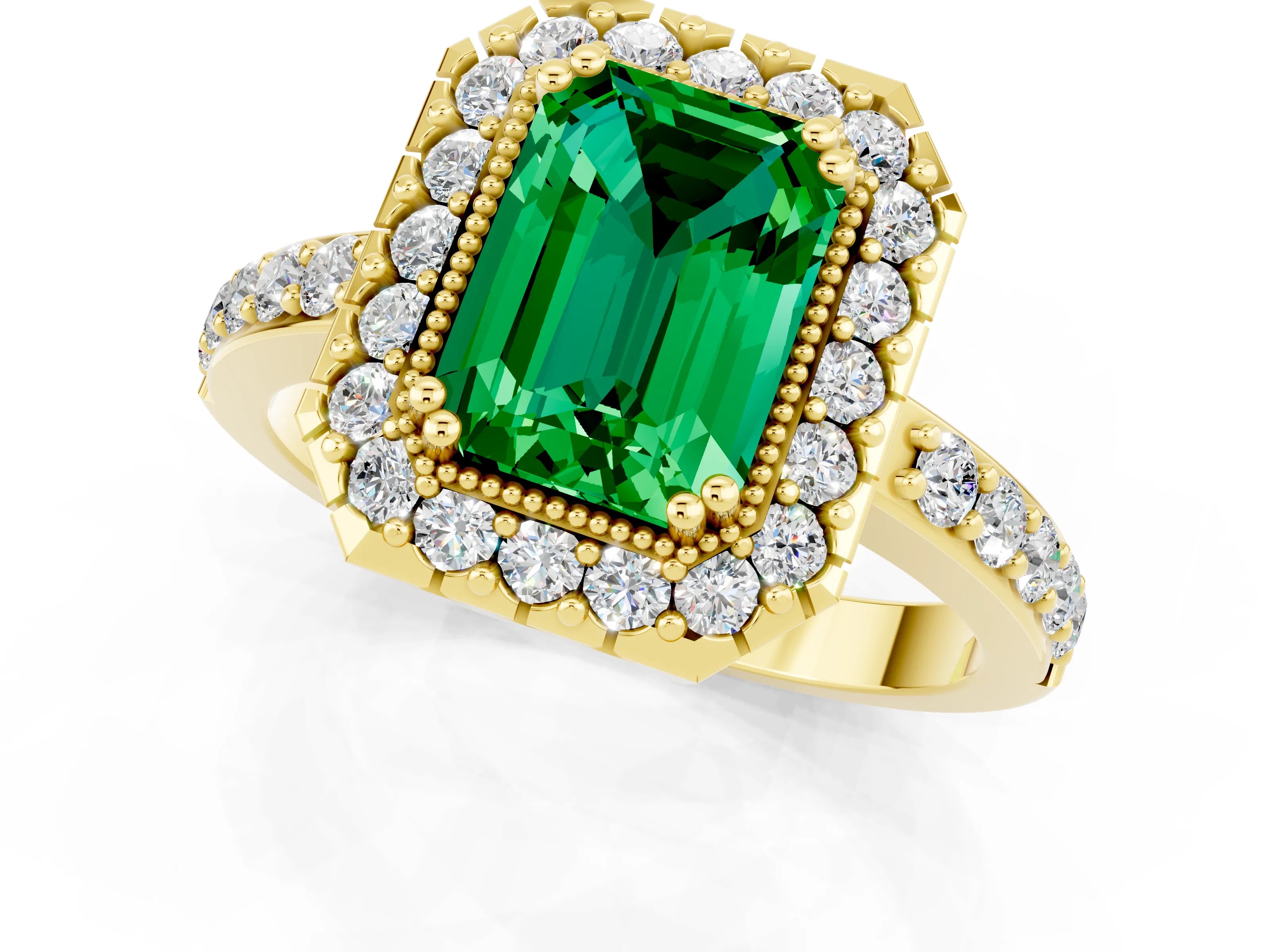 Yellow gold Emerald Cut Emerald Halo Ring with Pavé Band and Prong Setting_1