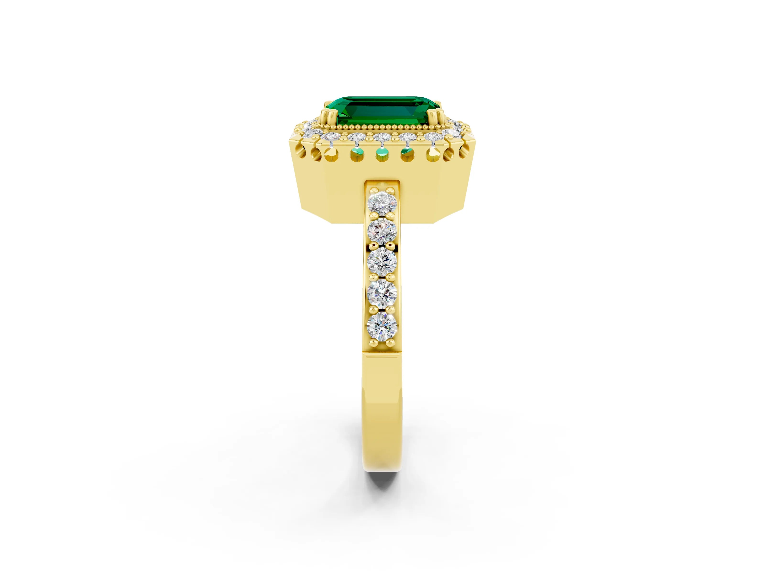 Yellow gold Emerald Cut Emerald Halo Ring with Pavé Band and Prong Setting_2