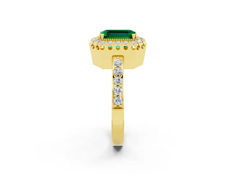 Yellow gold Emerald Cut Emerald Halo Ring with Pavé Band and Prong Setting_2