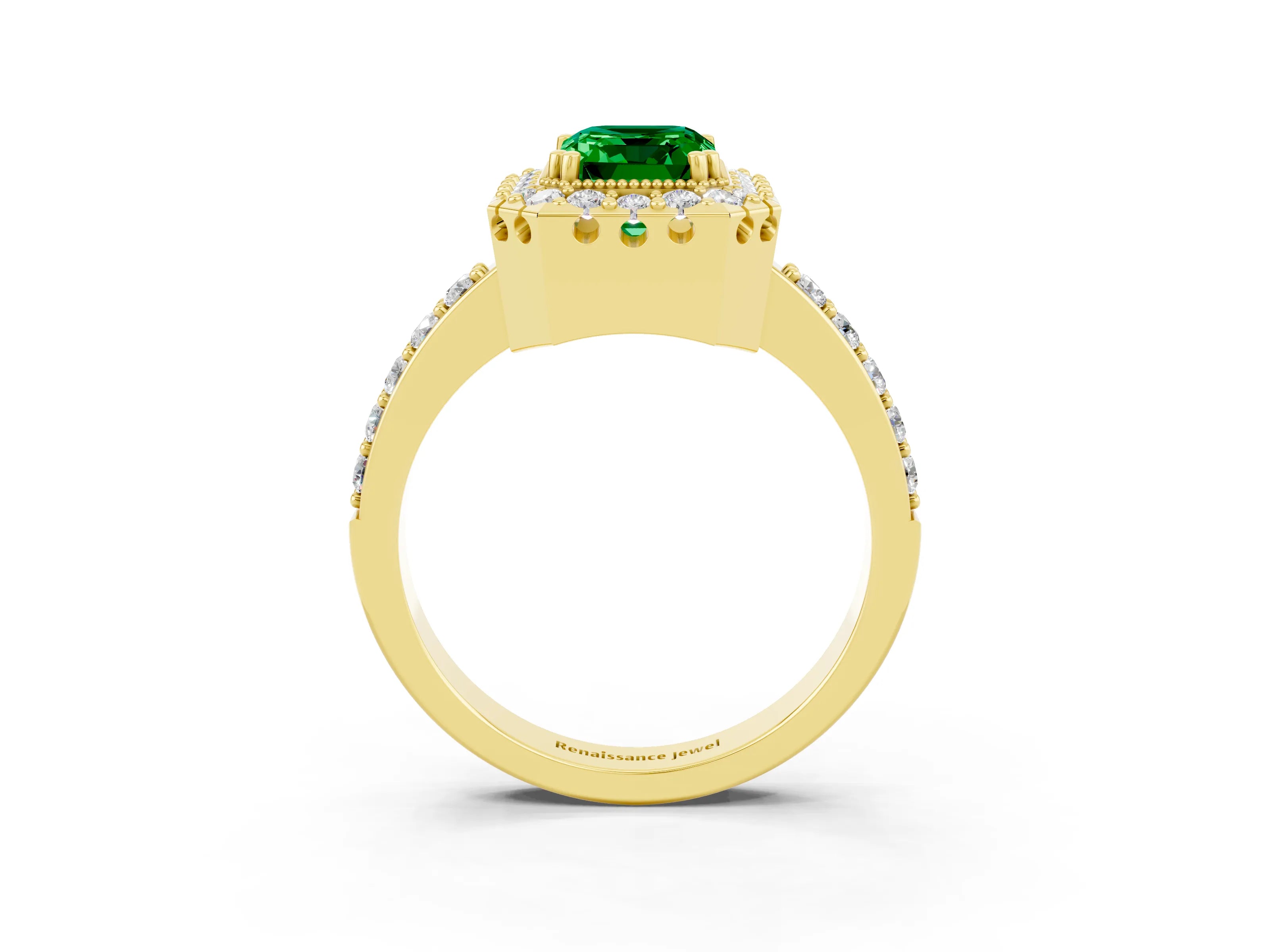 Yellow gold Emerald Cut Emerald Halo Ring with Pavé Band and Prong Setting_3