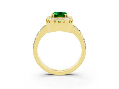 Yellow gold Emerald Cut Emerald Halo Ring with Pavé Band and Prong Setting_3