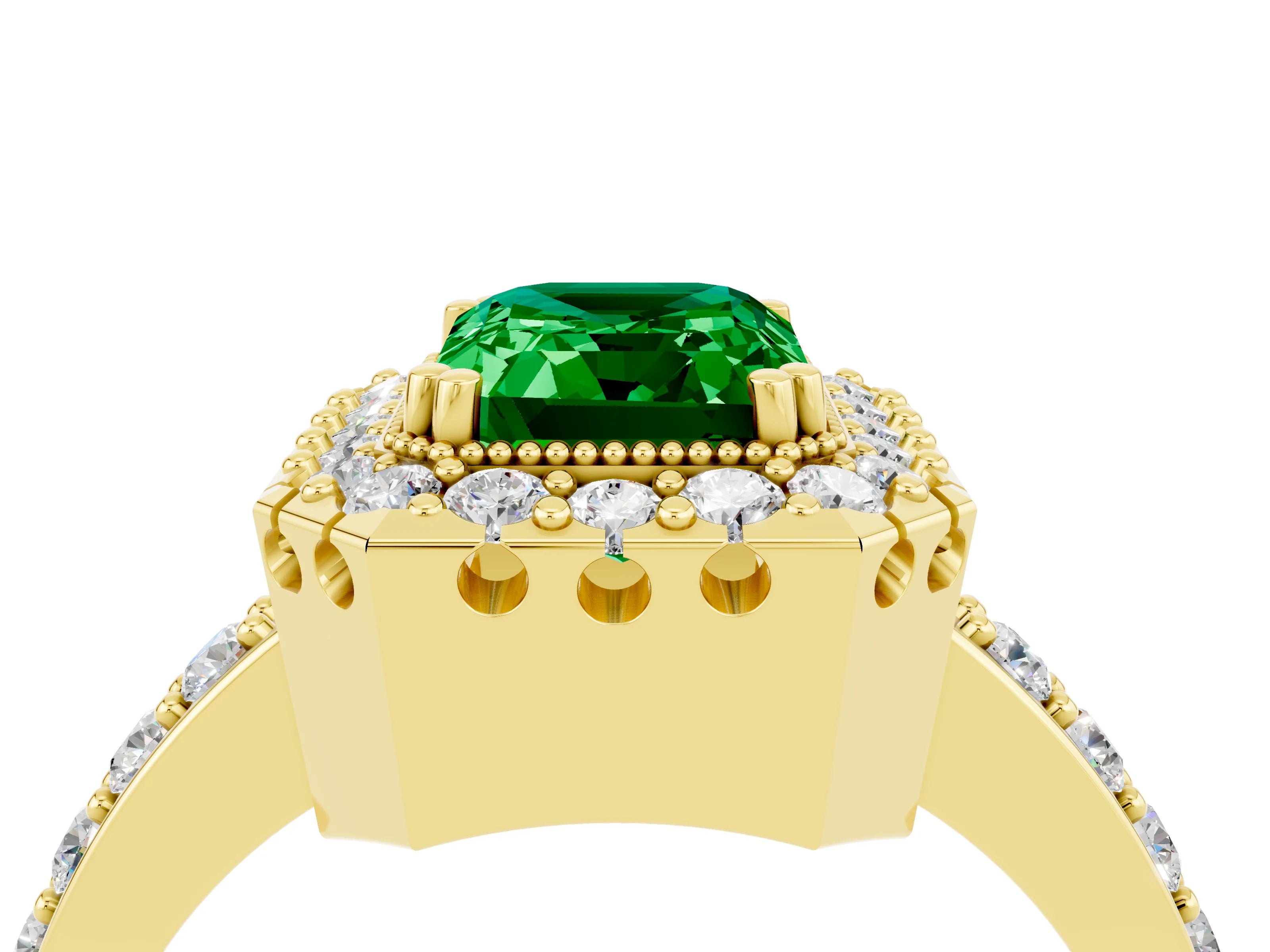 Yellow gold Emerald Cut Emerald Halo Ring with Pavé Band and Prong Setting_4