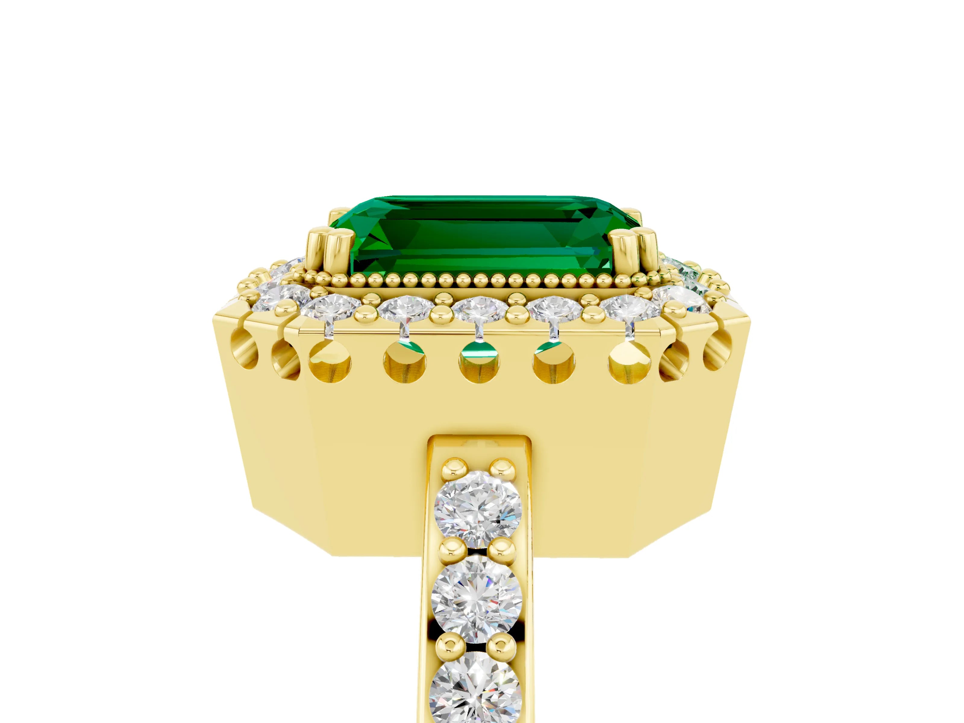 Yellow gold Emerald Cut Emerald Halo Ring with Pavé Band and Prong Setting_5
