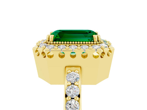 Yellow gold Emerald Cut Emerald Halo Ring with Pavé Band and Prong Setting_5