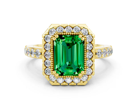 Yellow gold Emerald Cut Emerald Halo Ring with Pavé Band and Prong Setting