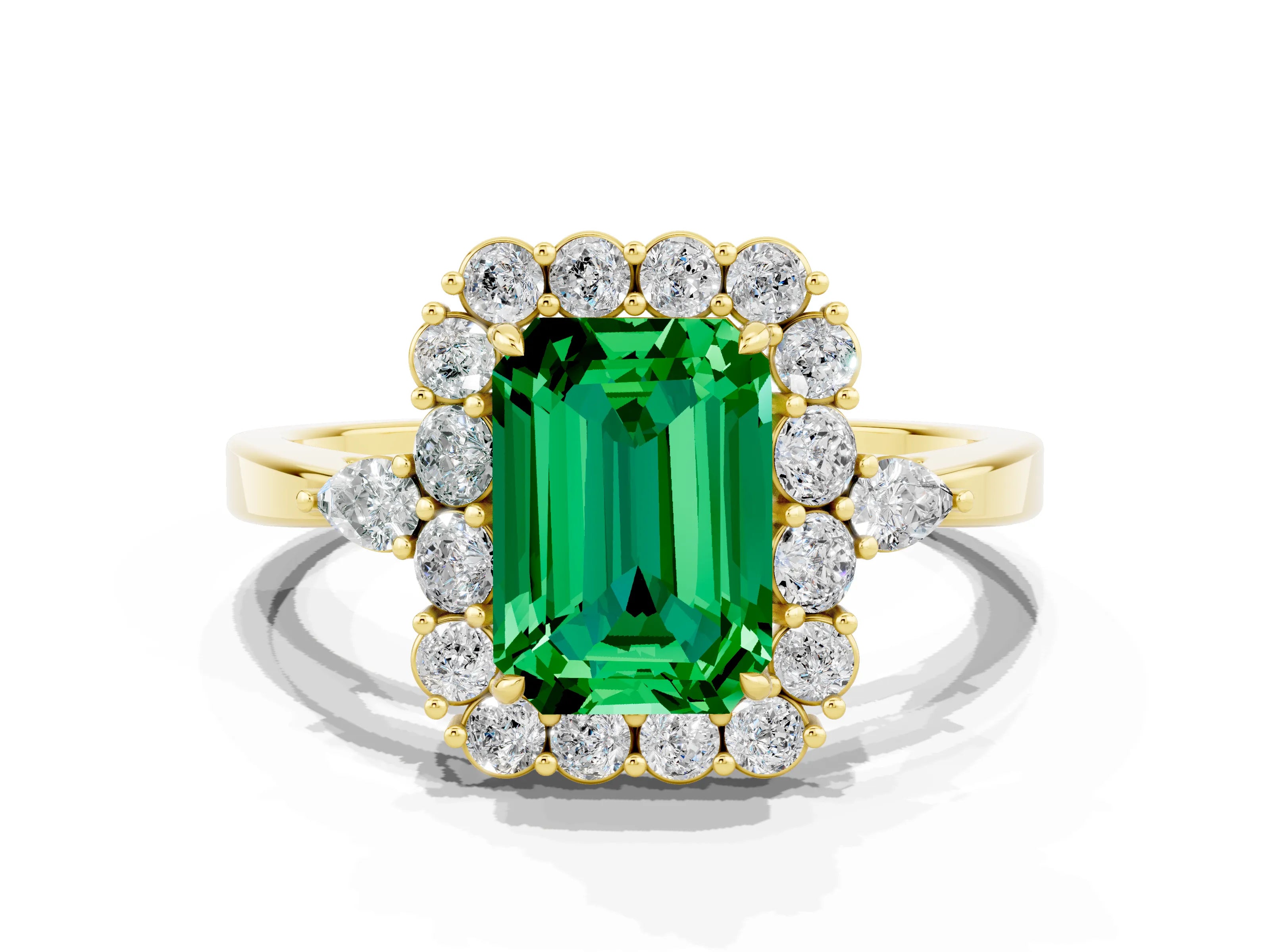 Yellow gold Emerald Cut Emerald Halo Ring with Pear Side Stones and Prong Setting_12
