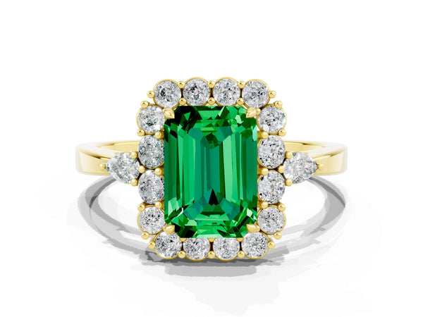 Yellow gold Emerald Cut Emerald Halo Ring with Pear Side Stones and Prong Setting