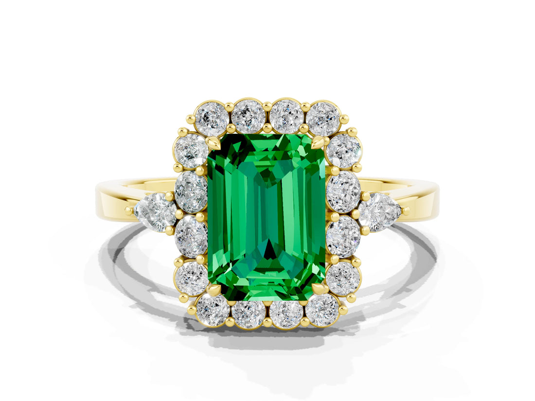 14K Yellow Gold 2.16 Carat Emerald Emerald Halo Ring with Pear Side Stones and Prong Setting
