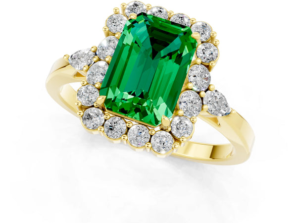 Yellow gold Emerald Cut Emerald Halo Ring with Pear Side Stones and Prong Setting