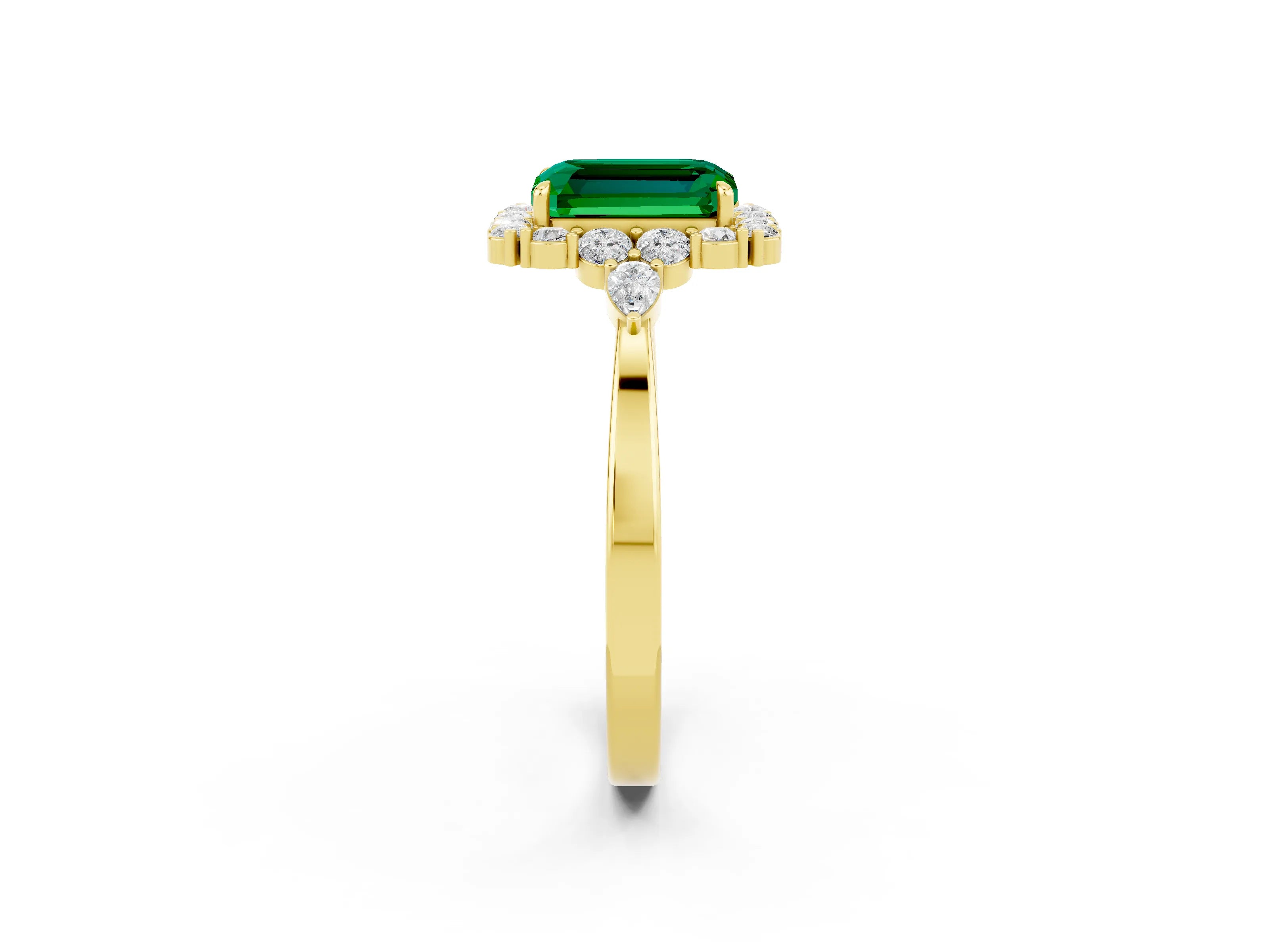 Yellow gold Emerald Cut Emerald Halo Ring with Pear Side Stones and Prong Setting_14