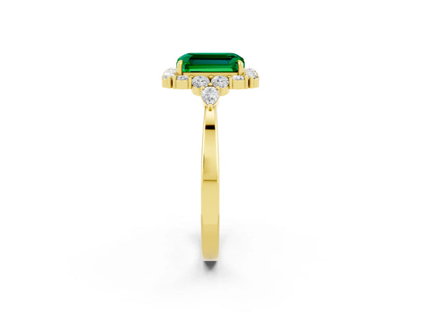 Yellow gold Emerald Cut Emerald Halo Ring with Pear Side Stones and Prong Setting