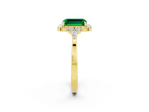 Yellow gold Emerald Cut Emerald Halo Ring with Pear Side Stones and Prong Setting_14
