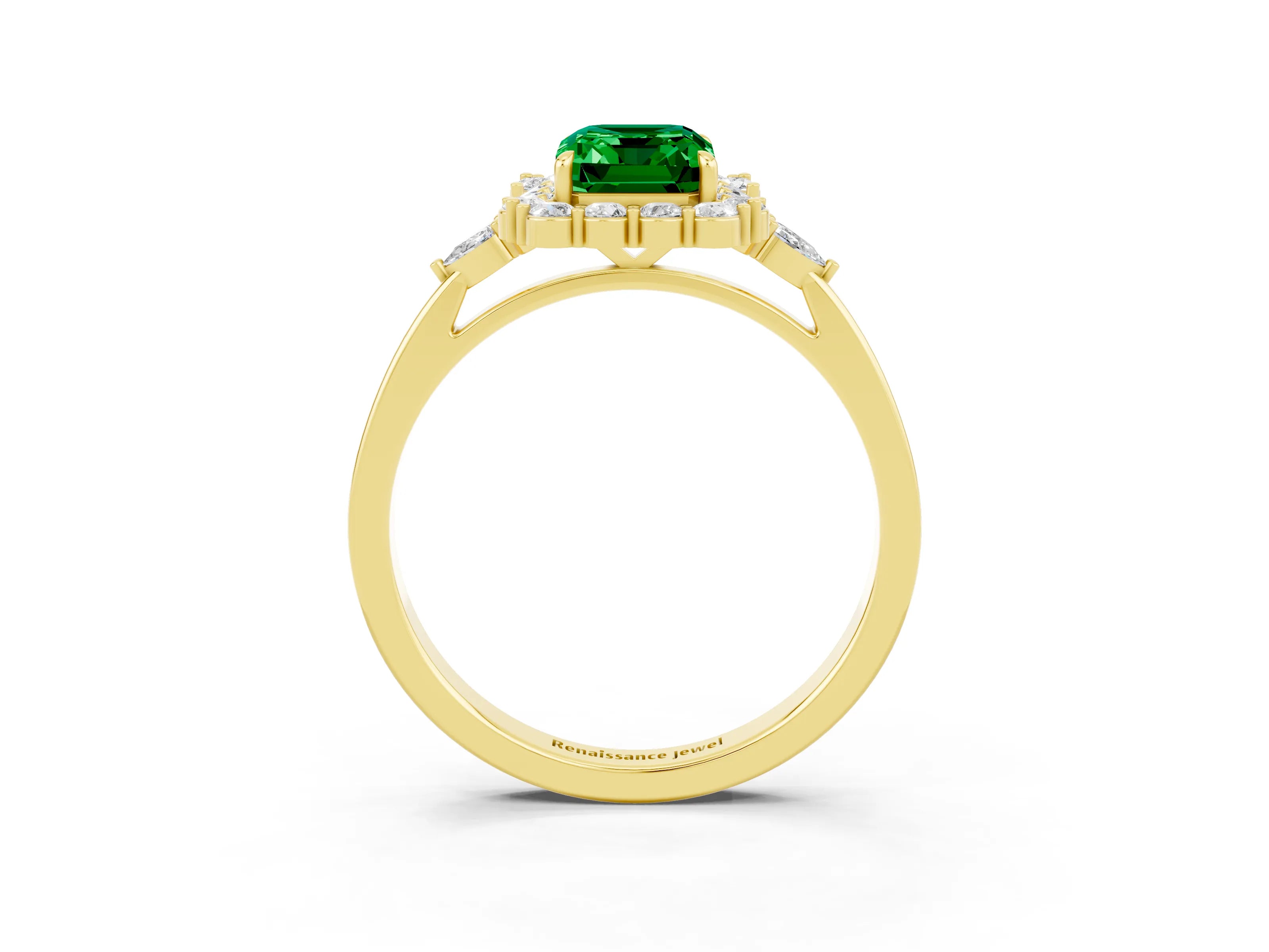 Yellow gold Emerald Cut Emerald Halo Ring with Pear Side Stones and Prong Setting_15