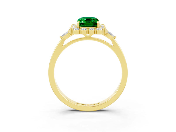 Yellow gold Emerald Cut Emerald Halo Ring with Pear Side Stones and Prong Setting