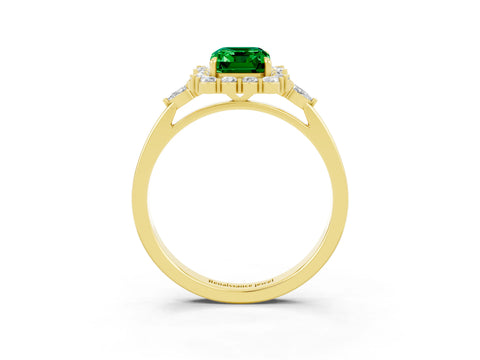 Yellow gold Emerald Cut Emerald Halo Ring with Pear Side Stones and Prong Setting_15