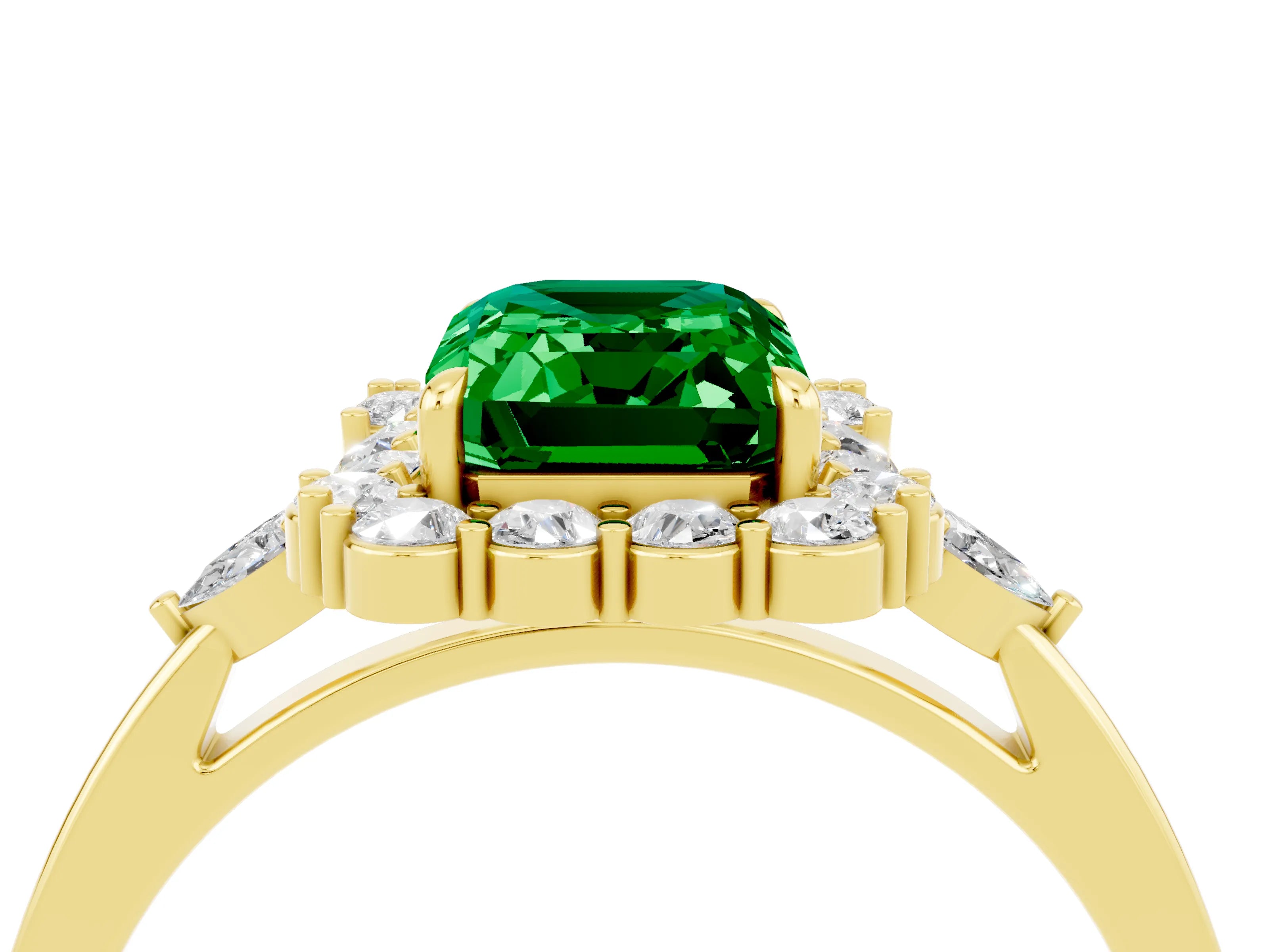 Yellow gold Emerald Cut Emerald Halo Ring with Pear Side Stones and Prong Setting_16