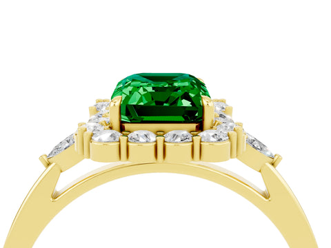 Yellow gold Emerald Cut Emerald Halo Ring with Pear Side Stones and Prong Setting_16