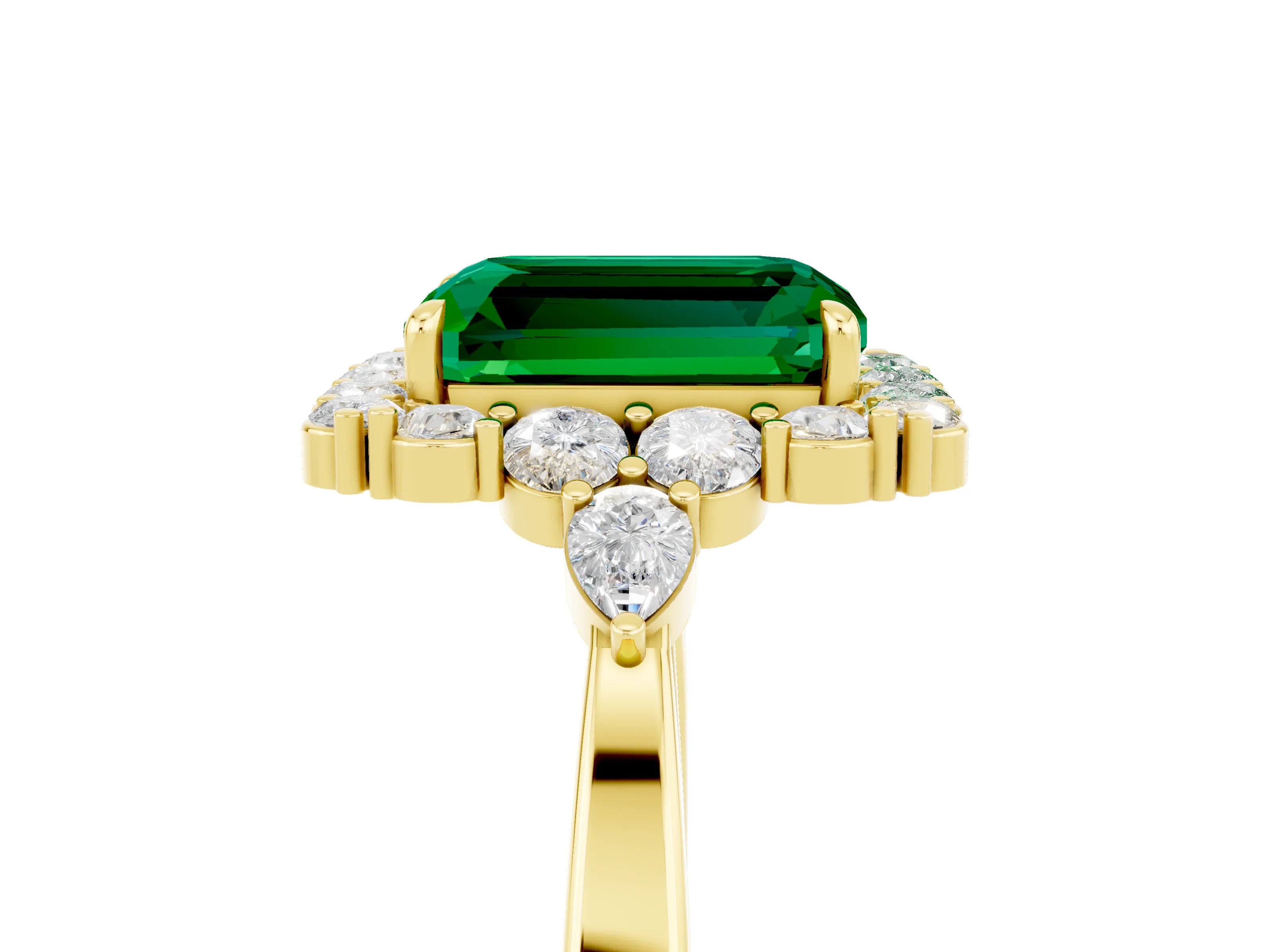Yellow gold Emerald Cut Emerald Halo Ring with Pear Side Stones and Prong Setting_17