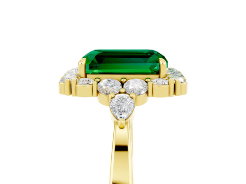 Yellow gold Emerald Cut Emerald Halo Ring with Pear Side Stones and Prong Setting_17