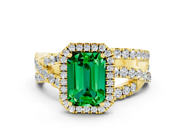 Yellow gold Emerald Cut Emerald Halo Ring with Round Split Shank and Prong Setting