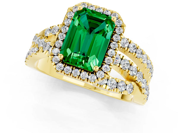 Yellow gold Emerald Cut Emerald Halo Ring with Round Split Shank and Prong Setting