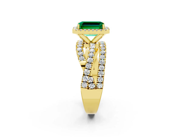 Yellow gold Emerald Cut Emerald Halo Ring with Round Split Shank and Prong Setting