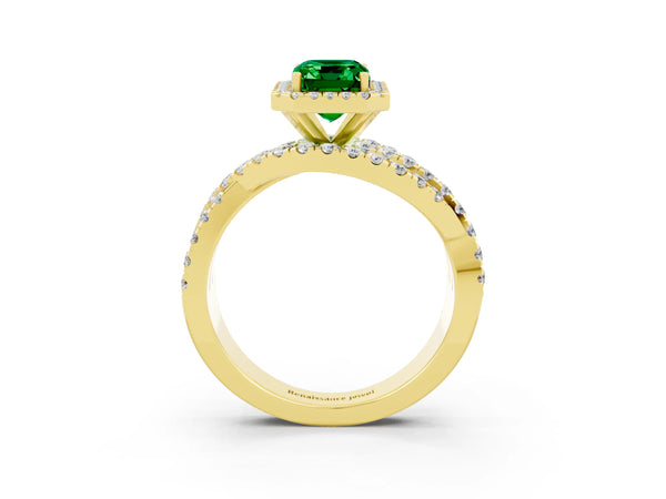 Yellow gold Emerald Cut Emerald Halo Ring with Round Split Shank and Prong Setting
