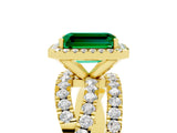 Yellow gold Emerald Cut Emerald Halo Ring with Round Split Shank and Prong Setting_53
