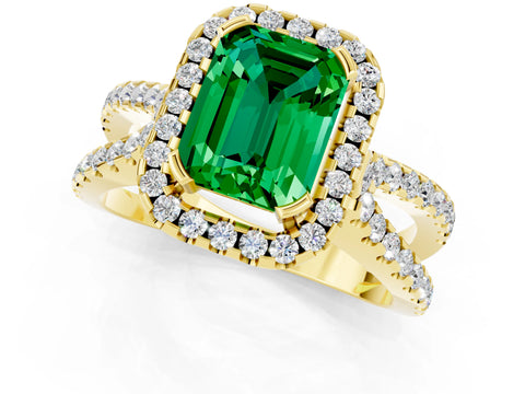 Yellow gold Emerald Cut Emerald Halo Ring with Split Shank Pavé Band and Prong Setting_1