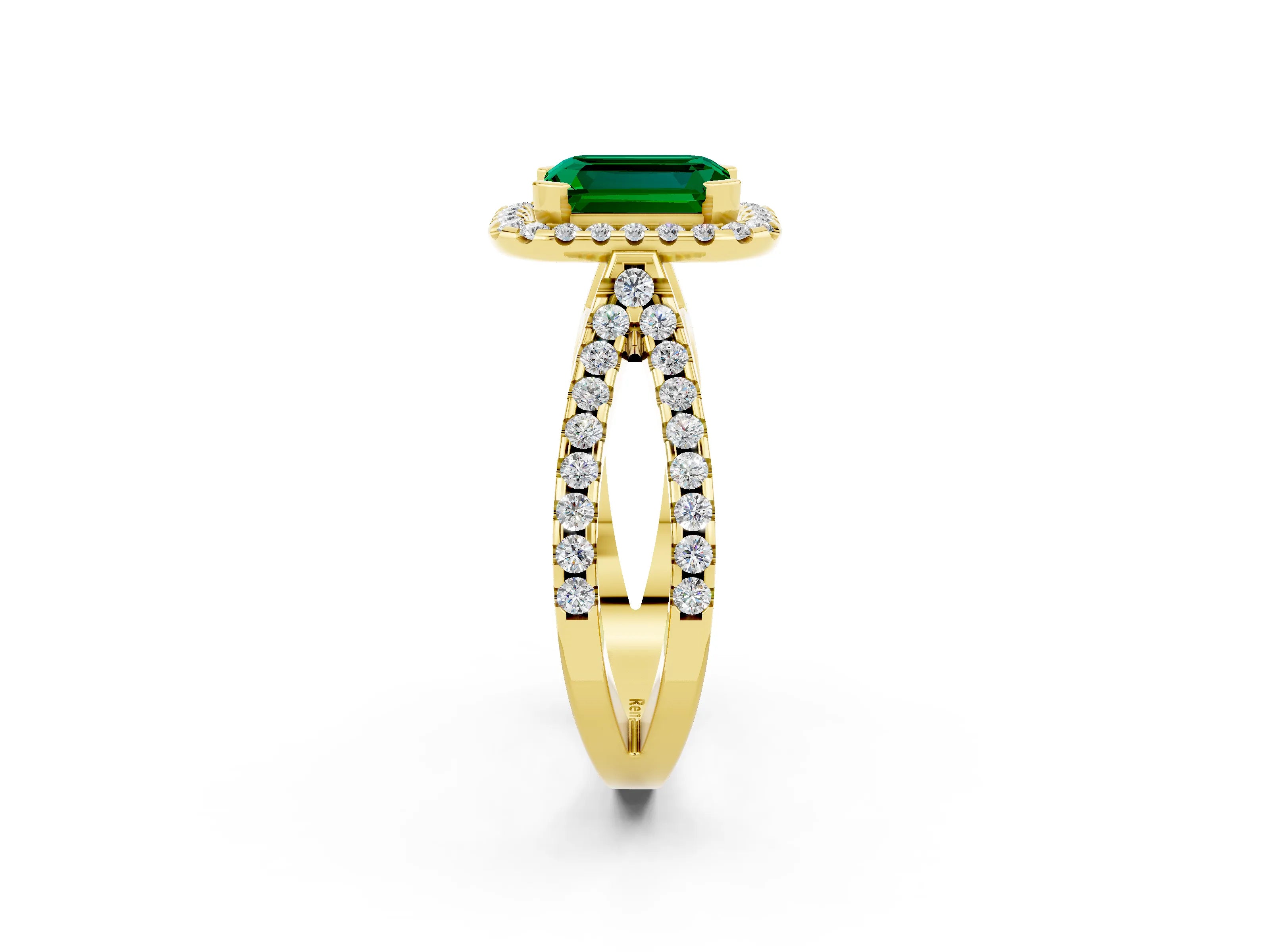 Yellow gold Emerald Cut Emerald Halo Ring with Split Shank Pavé Band and Prong Setting_2