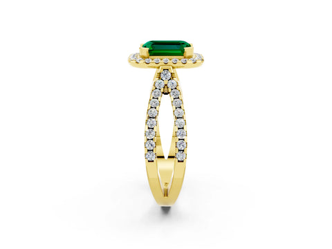 Yellow gold Emerald Cut Emerald Halo Ring with Split Shank Pavé Band and Prong Setting_2