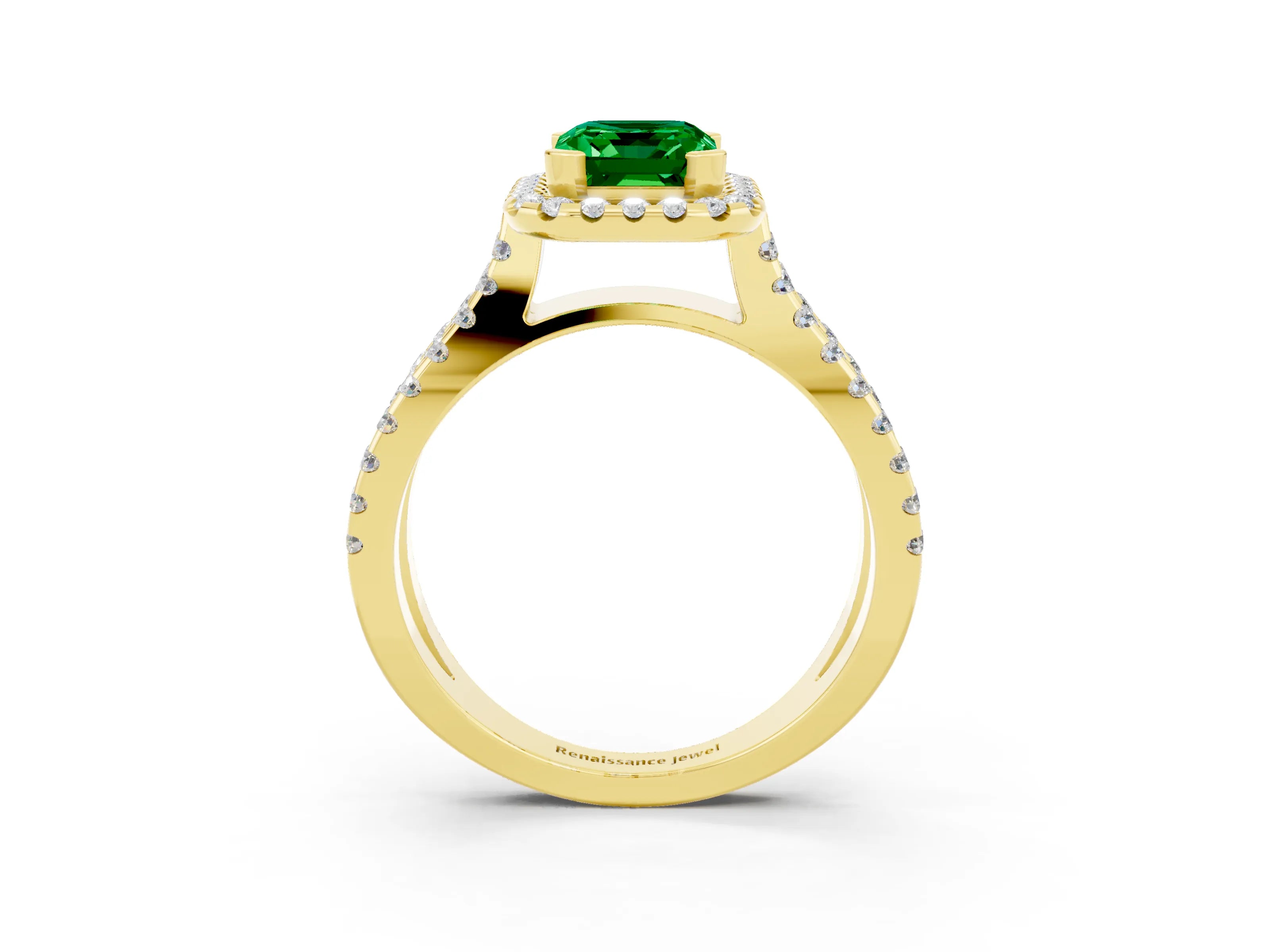 Yellow gold Emerald Cut Emerald Halo Ring with Split Shank Pavé Band and Prong Setting_3