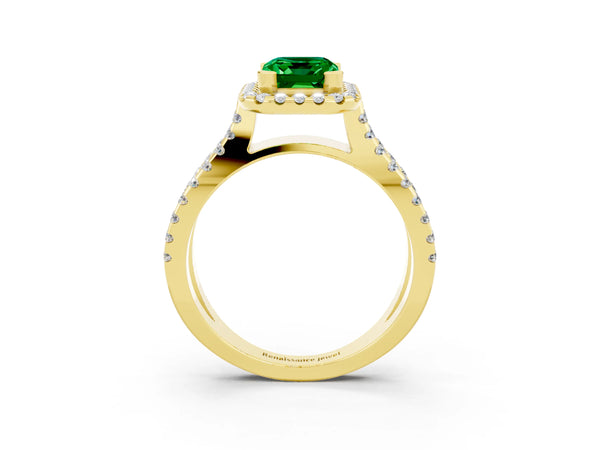 Yellow gold Emerald Cut Emerald Halo Ring with Split Shank Pavé Band and Prong Setting