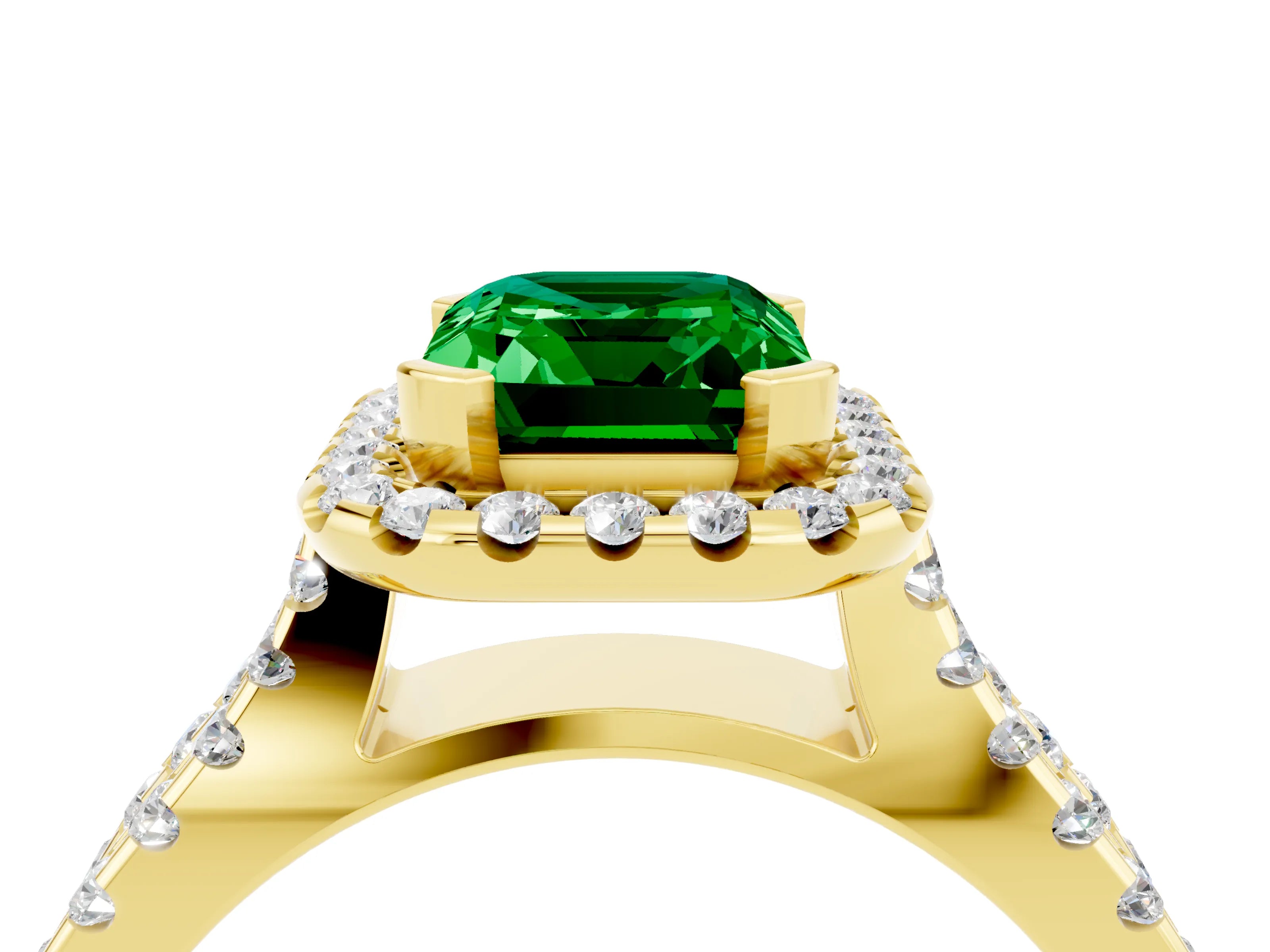 Yellow gold Emerald Cut Emerald Halo Ring with Split Shank Pavé Band and Prong Setting_4