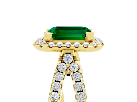 Yellow gold Emerald Cut Emerald Halo Ring with Split Shank Pavé Band and Prong Setting_5