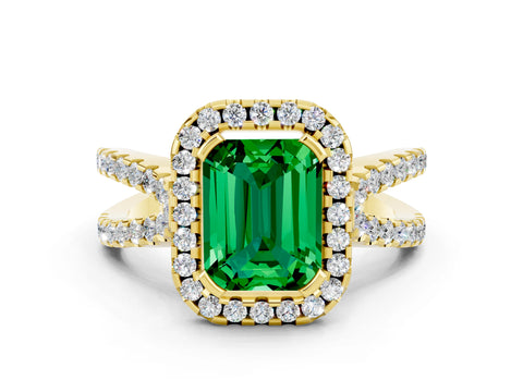Yellow gold Emerald Cut Emerald Halo Ring with Split Shank Pavé Band and Prong Setting