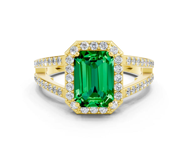 Yellow gold Emerald Cut Emerald Halo Ring with Split Shank U-Prong Band and Four-Prong Setting