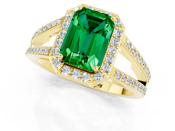 Yellow gold Emerald Cut Emerald Halo Ring with Split Shank U-Prong Band and Four-Prong Setting