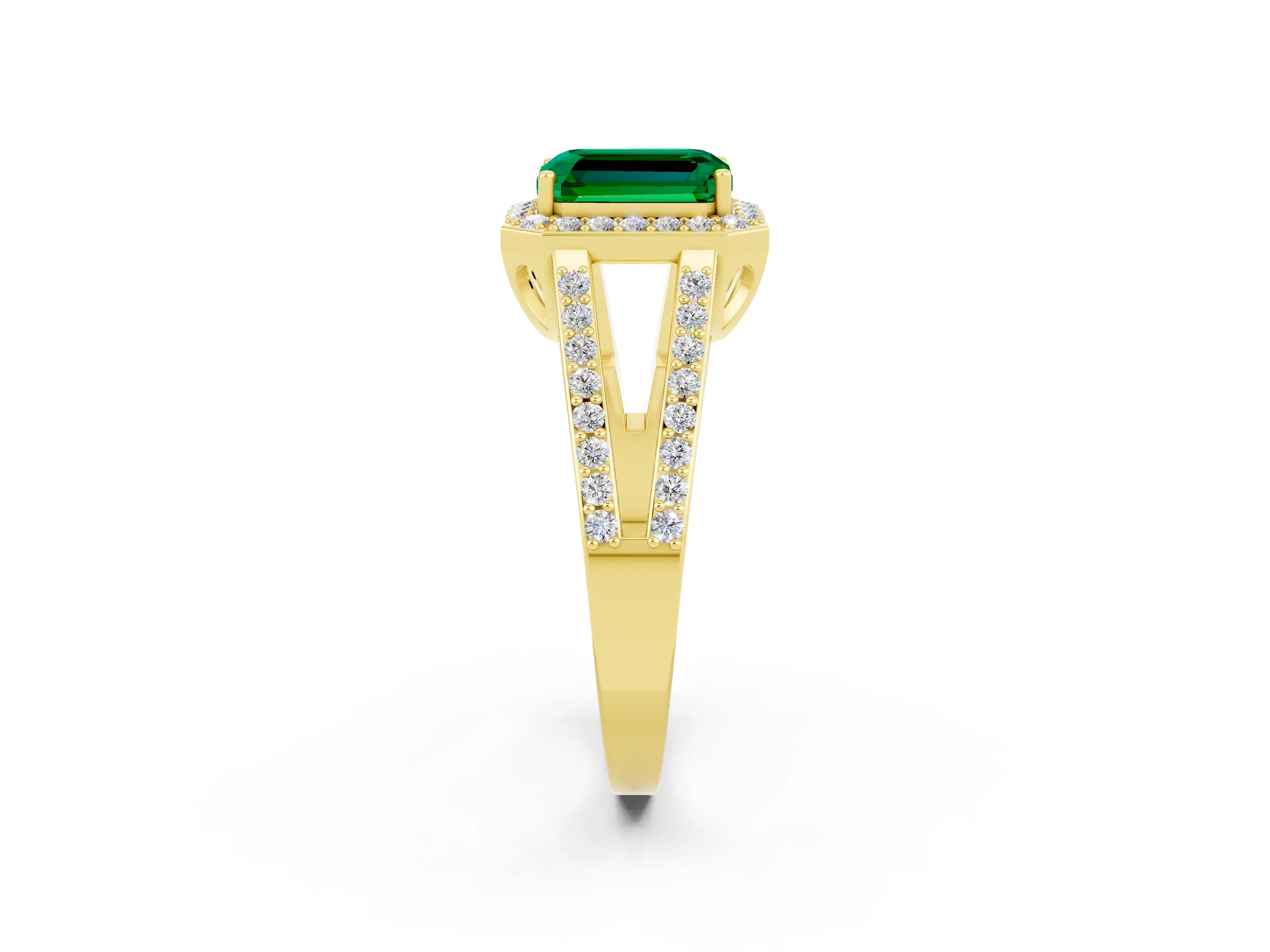 Yellow gold Emerald Cut Emerald Halo Ring with Split Shank U-Prong Band and Four-Prong Setting_2