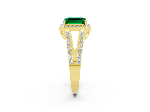 Yellow gold Emerald Cut Emerald Halo Ring with Split Shank U-Prong Band and Four-Prong Setting